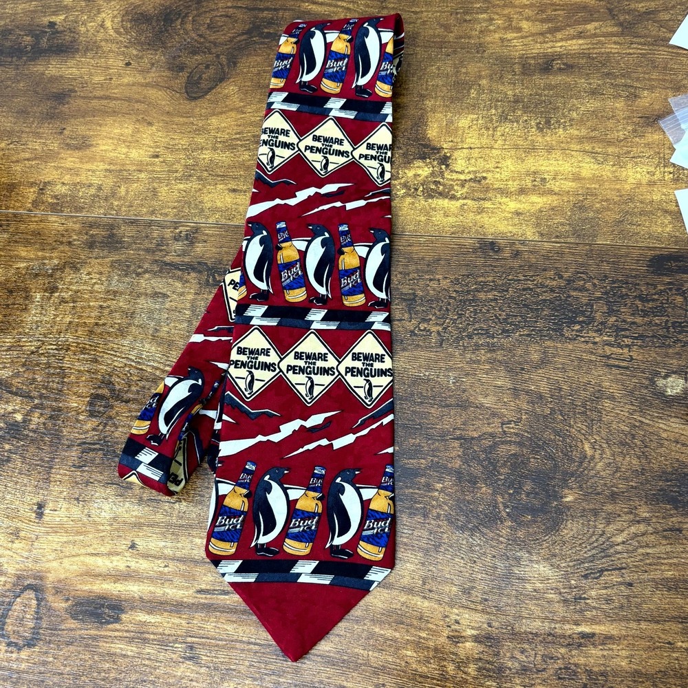 VTG Anheuser Busch Bud Ice Beer Beware The Penguins Necktie Mens OS Red Silk